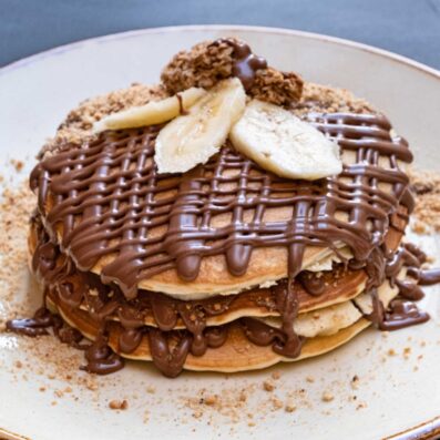 Banana chocolate bisquit pancakes Agora Residence Cafe Chios